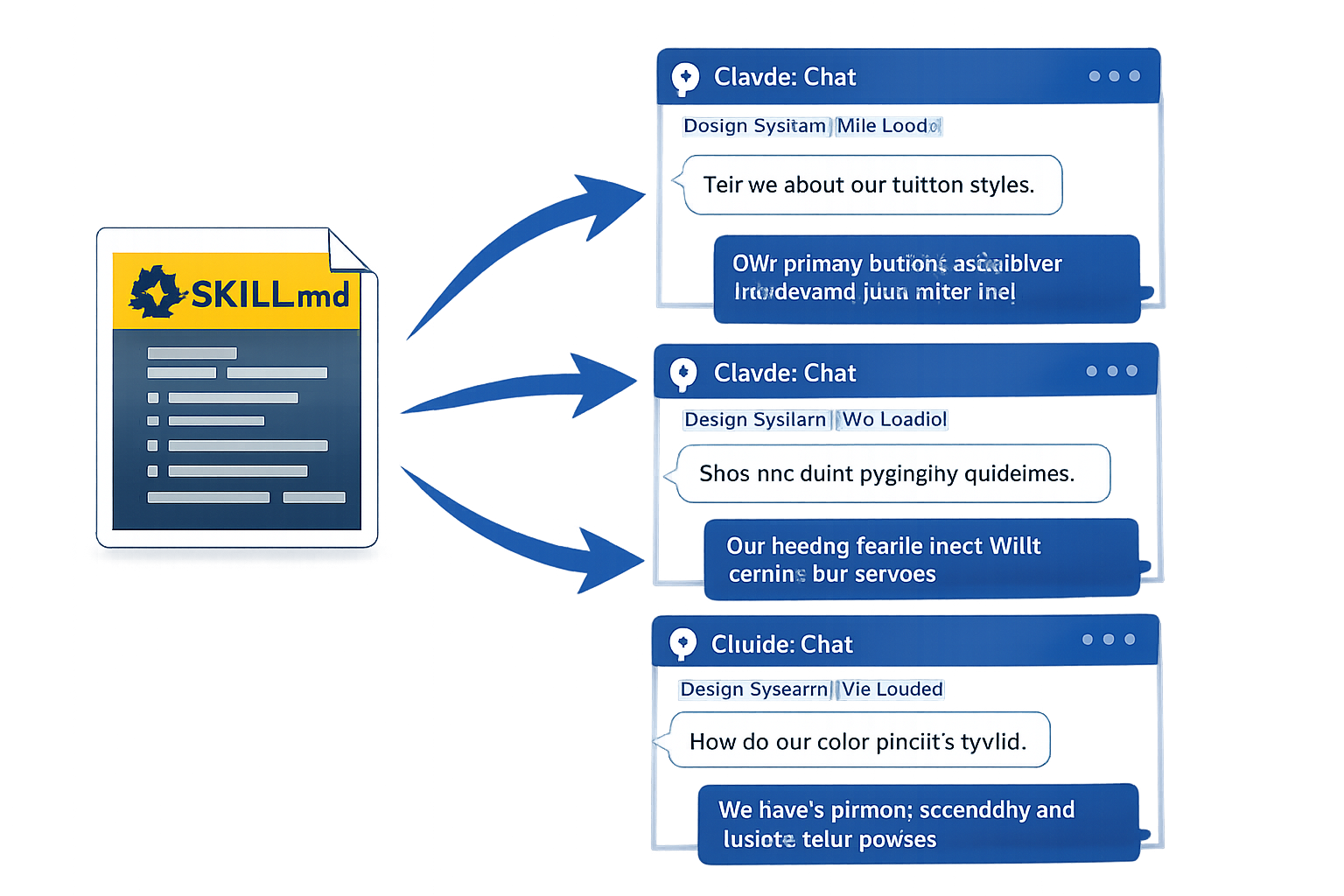 SKILLmd design system connecting to Claude Chat conversations about tuition styles, features, and color palette guidance.