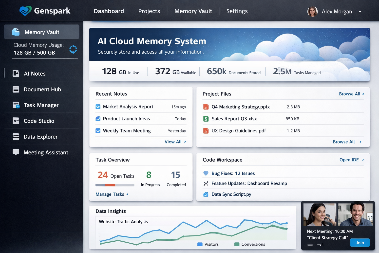 Genspark AI Cloud Memory System dashboard showing 128GB storage usage, recent notes, project files, task overview, and web...