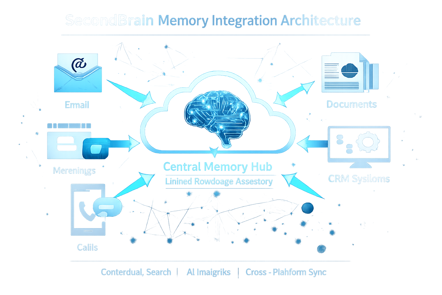 SecondBrain Memory Integration Architecture diagram showing central hub connecting email, documents, CRM systems, calls, a...