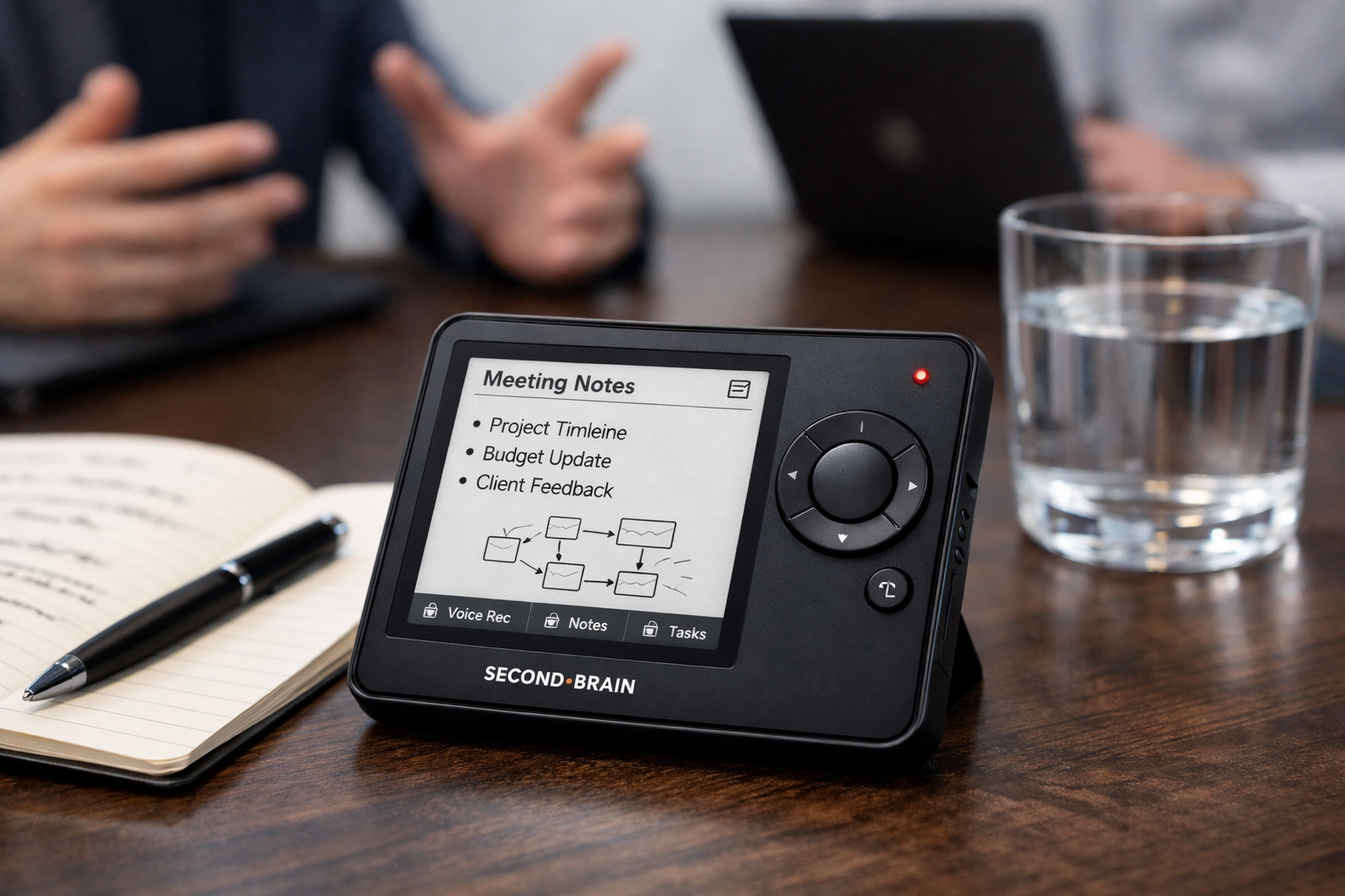SecondBrain AI device displaying meeting notes with project timeline, budget update, and client feedback on conference table