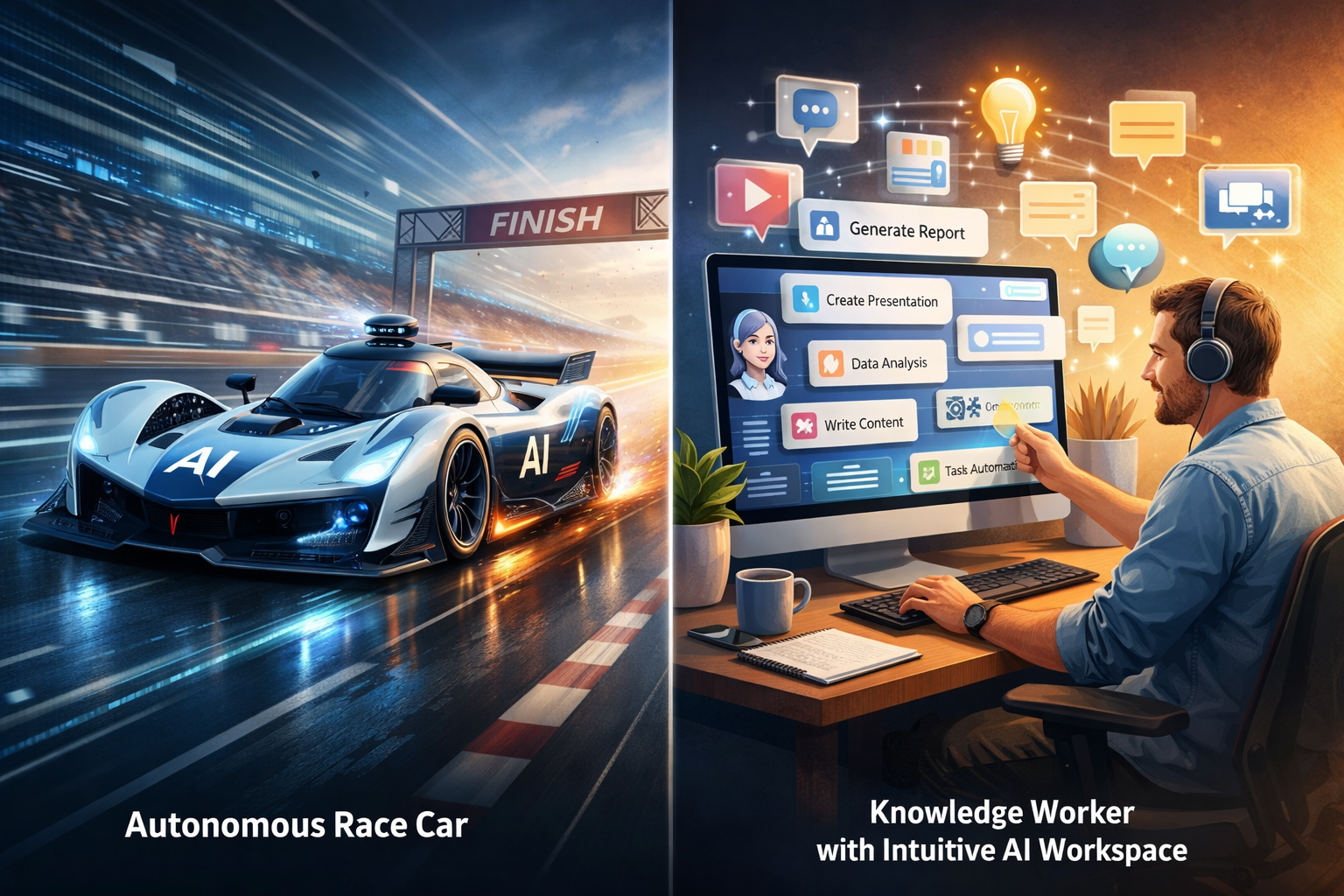 AI workspace comparison: autonomous race car vs knowledge worker using intuitive AI tools for reports, presentations, and ...