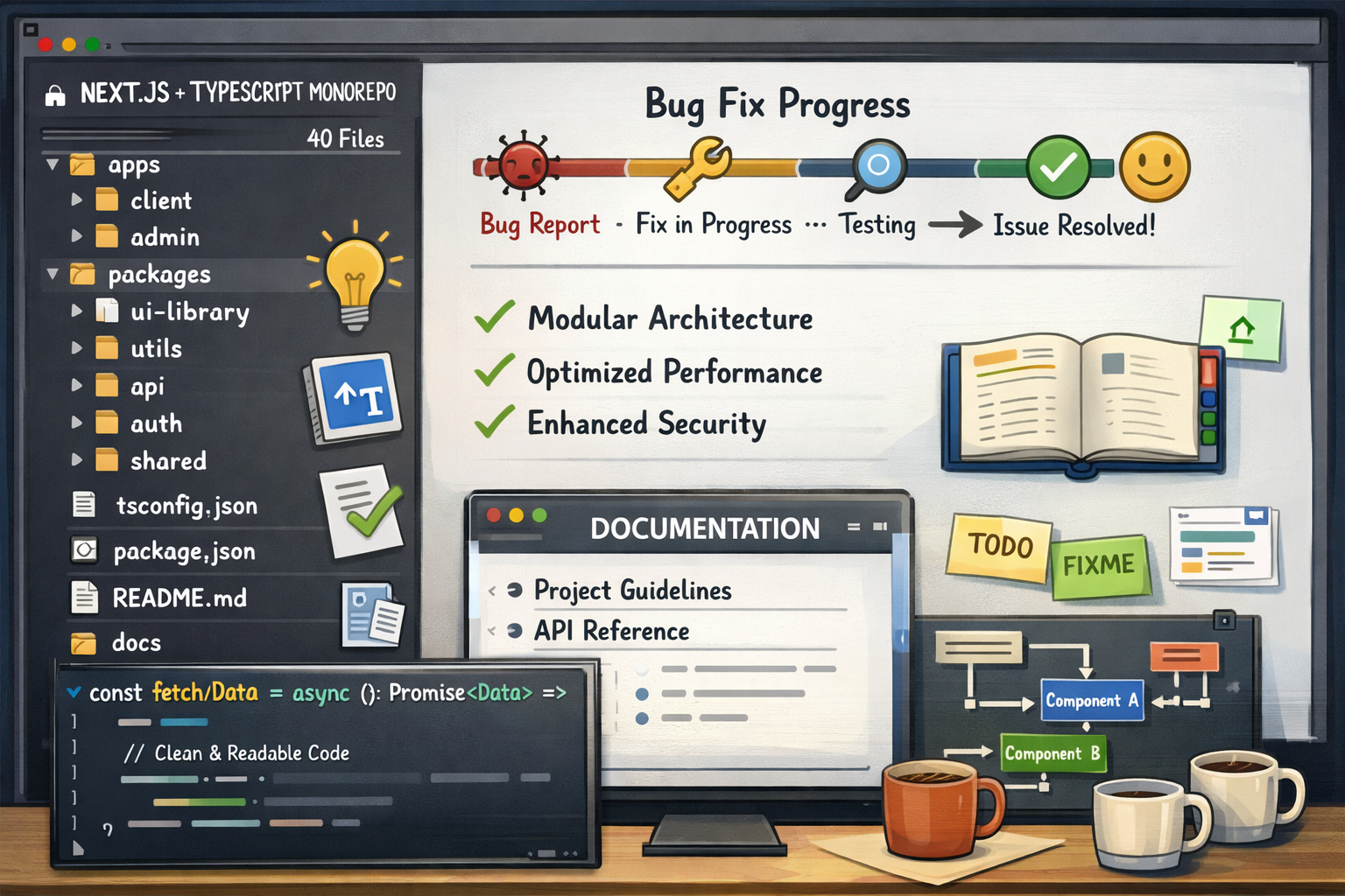 Next.js TypeScript monorepo development workspace with bug fix progress tracker and documentation panel displayed on monitor.