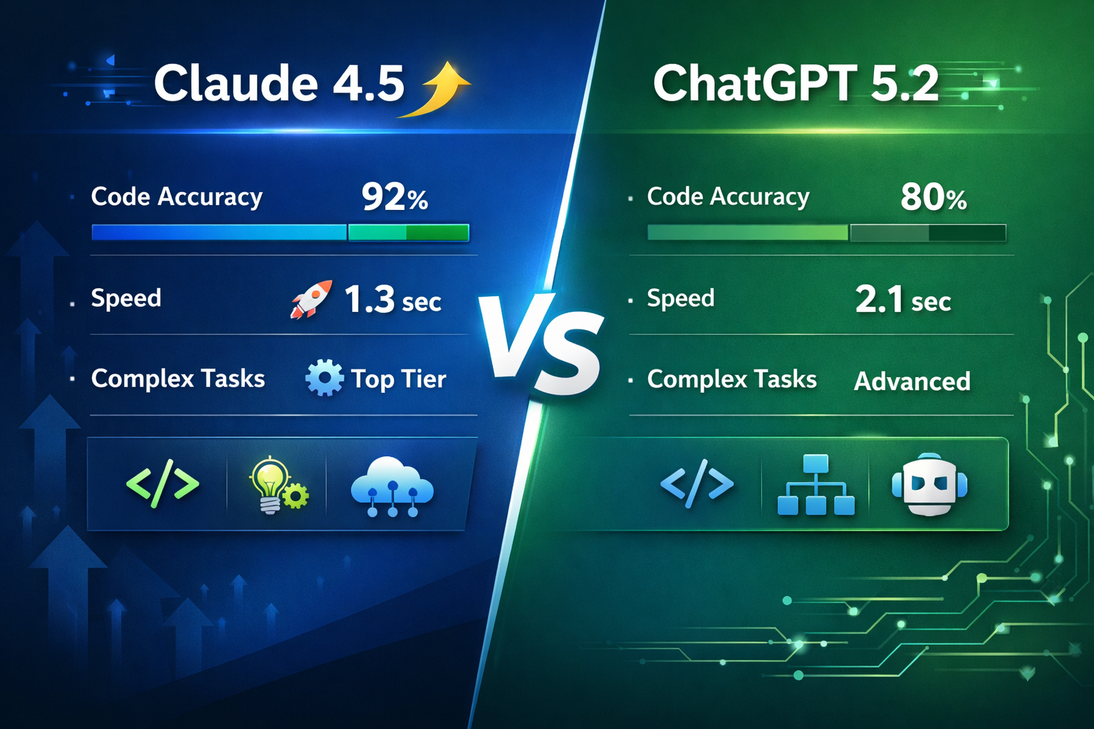 Claude 4.5 vs ChatGPT 5.2 comparison: code accuracy, speed, and complex tasks benchmark.
