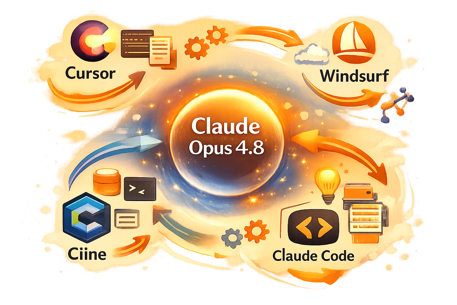 Claude Opus 4.8 ecosystem diagram showing Cursor, Windsurf, Cline, and Claude Code tools for AI coding comparison.