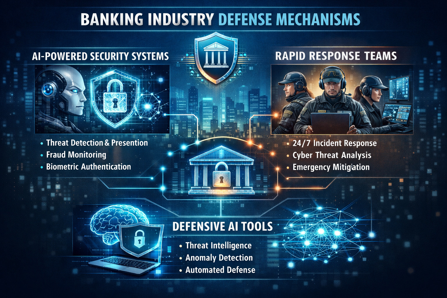 Banking industry defense mechanisms: AI security systems, rapid response teams, and defensive AI tools protecting financia...