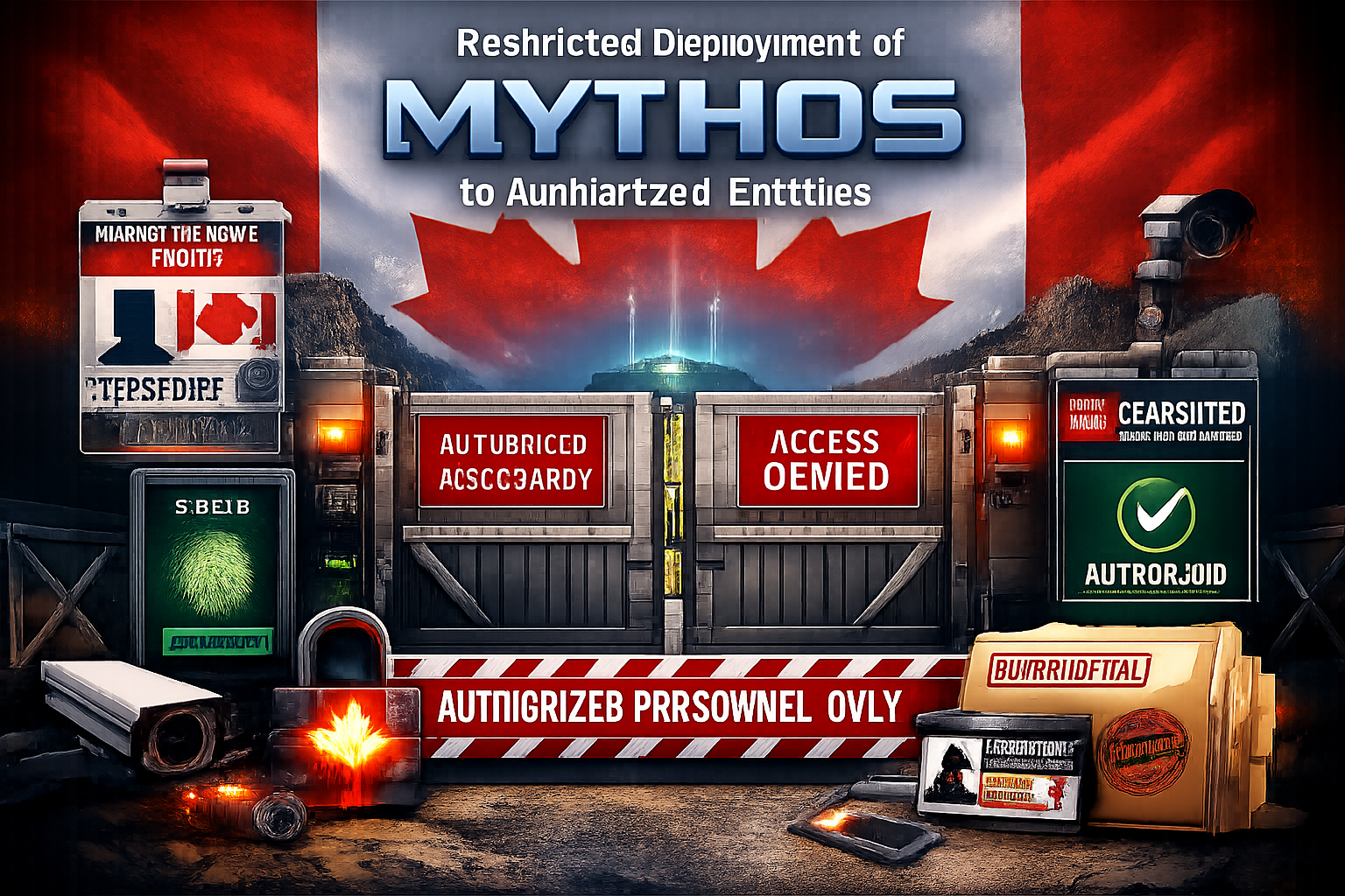 Restricted deployment of Mythos to authorized entities - Canadian security gate with access denied warning signs and biome...