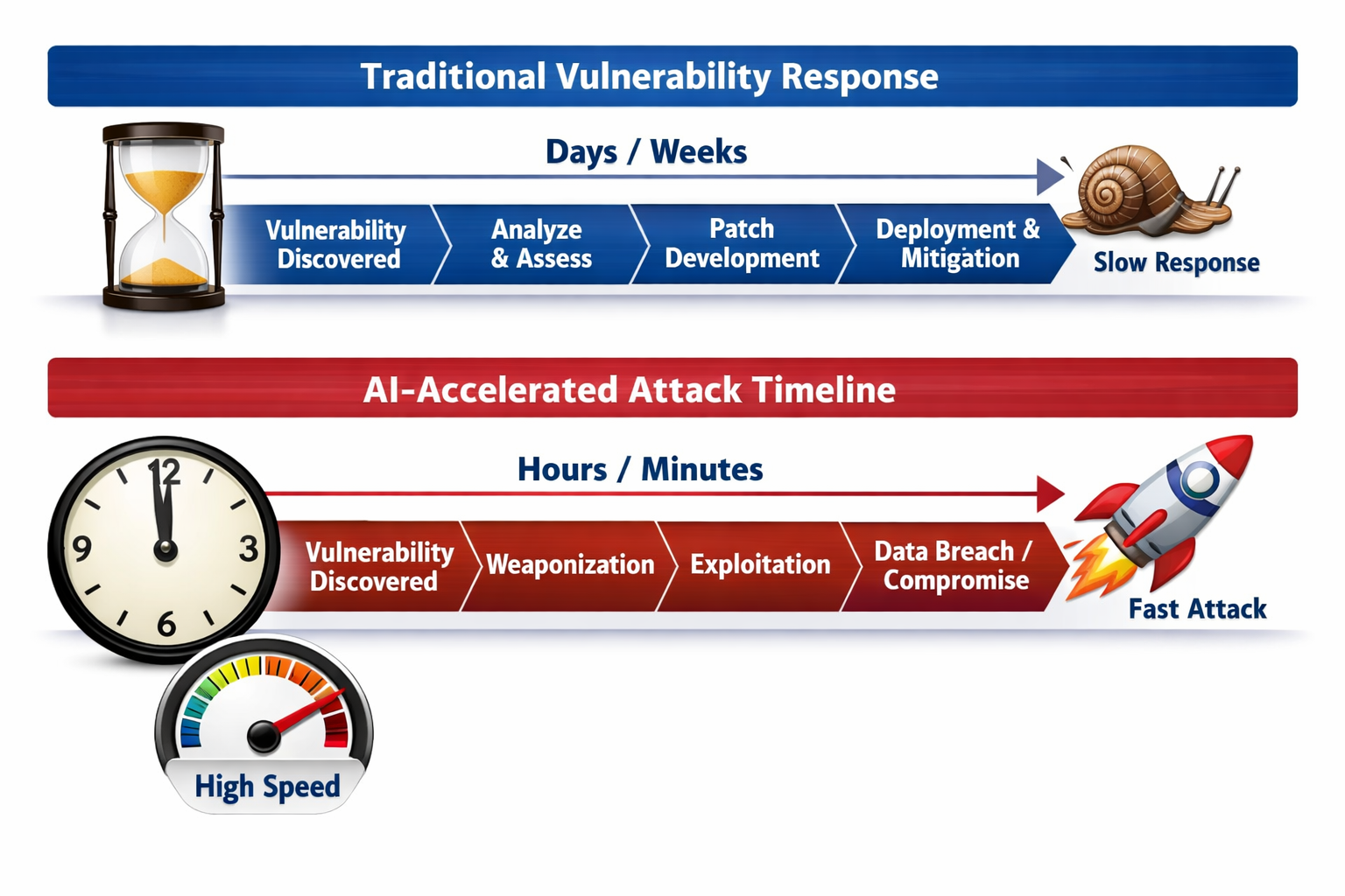 Vulnerability response timeline comparison: traditional slow defense vs AI-accelerated fast cyberattack exploitation threat.