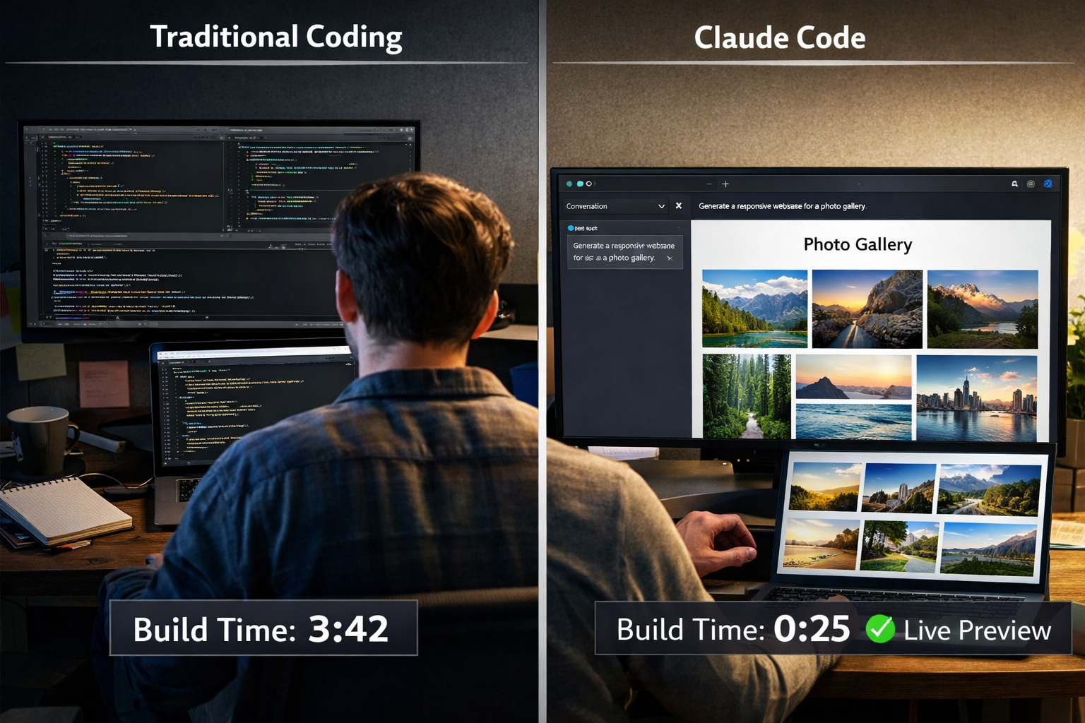 Developer comparing traditional coding (3:42 build time) vs Claude Code (0:25 live preview) for photo gallery landing page...