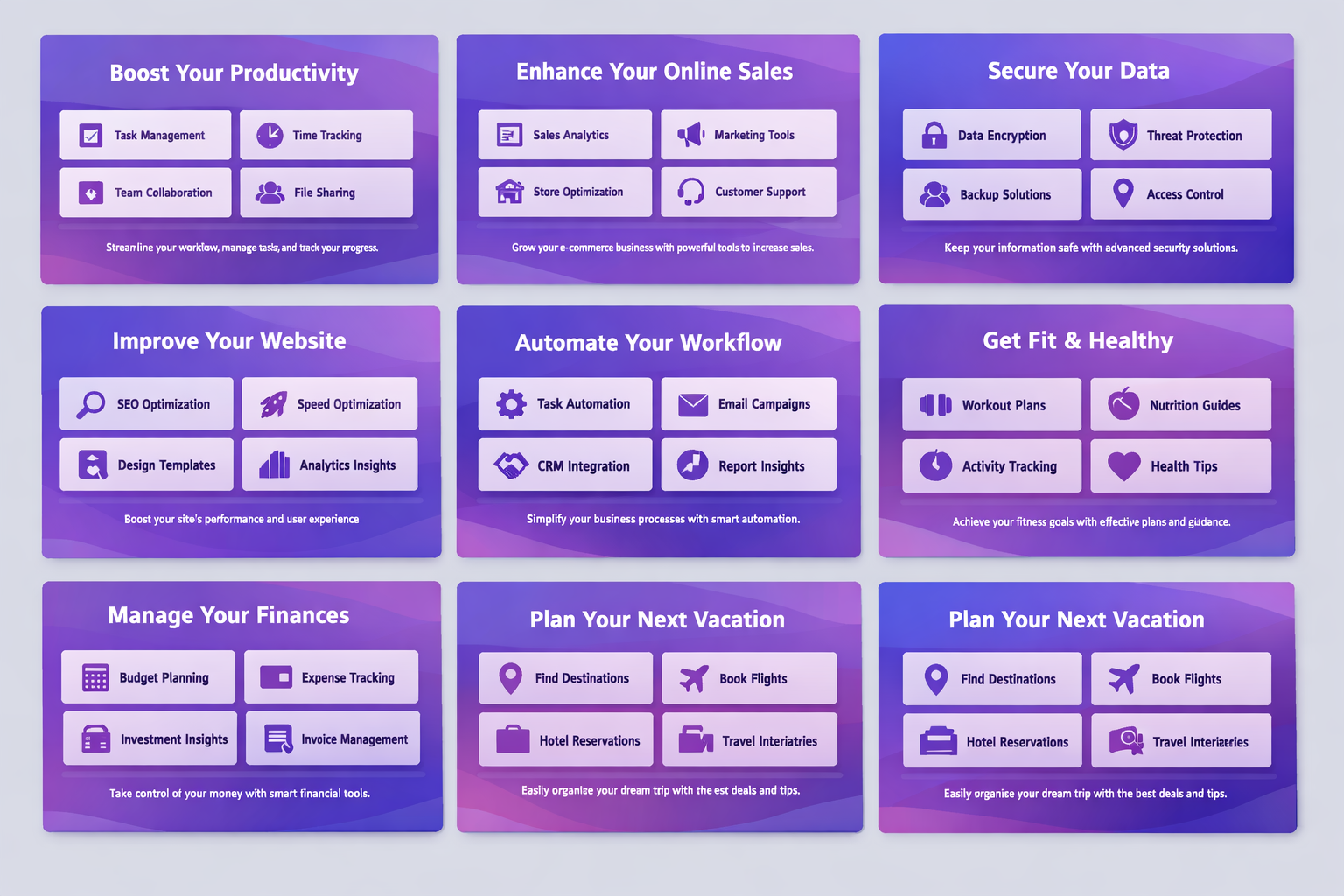 Dashboard showing 9 service categories with icons: productivity, sales, security, website, workflow automation, fitness, f...
