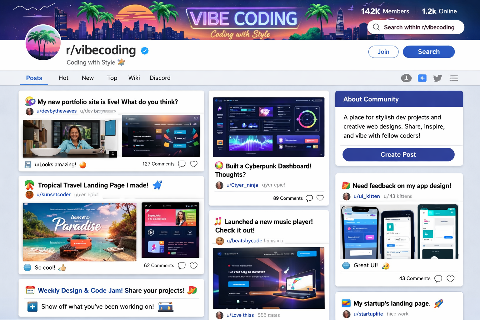 r/vibecoding subreddit showcase with portfolio sites, dashboards, and landing pages featuring stylish web design projects ...