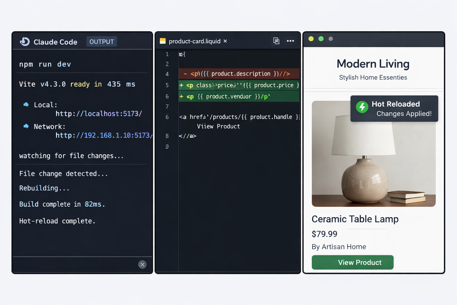 Vite dev server with hot reload showing product card component code and live preview of ceramic table lamp in modern e-com...