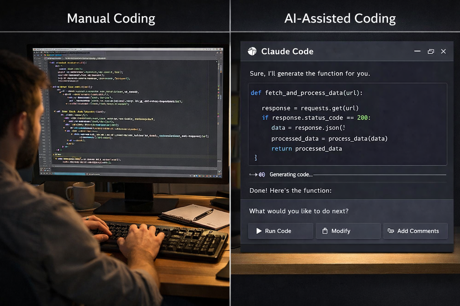 Developer using AI-assisted coding with Claude to generate Python functions for building a Shopify store efficiently.