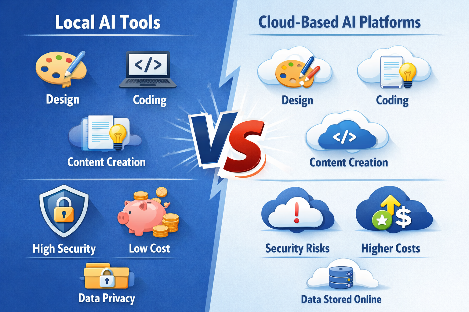 Local AI tools vs cloud-based AI platforms comparison chart showing design, coding, security, cost, and privacy features.