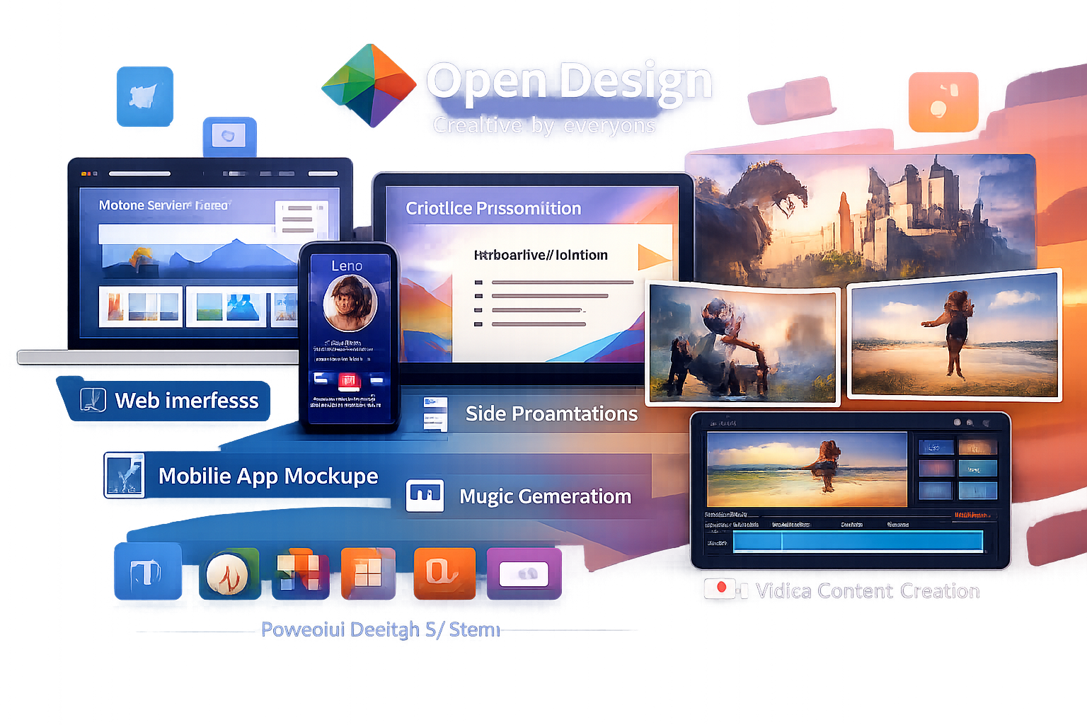 Open Design creative tools interface showing web design, mobile app mockups, video content creation, and AI-powered design...