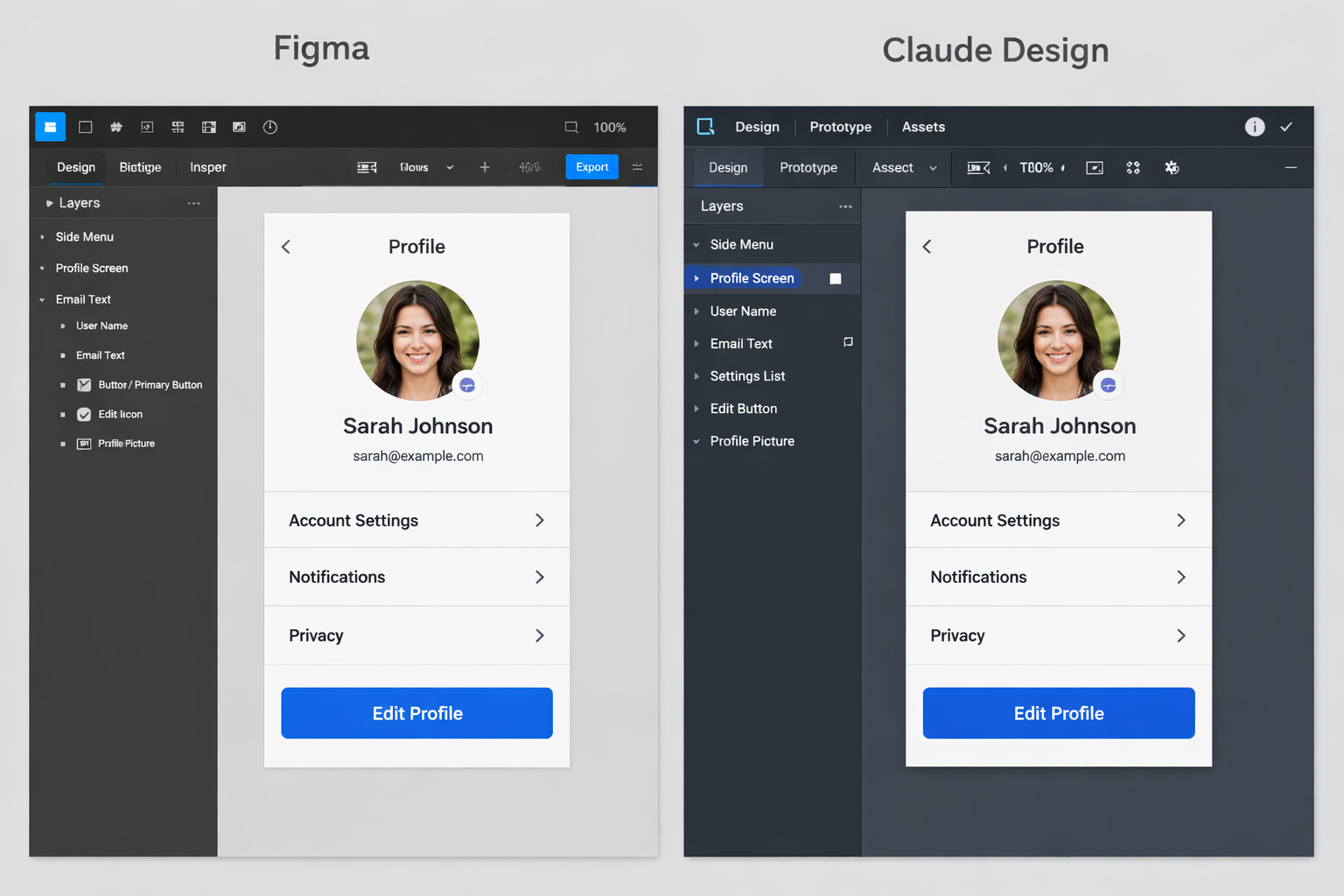 Figma and Claude Design comparison showing Profile screen mockup with user avatar, name, email, and settings options side-...
