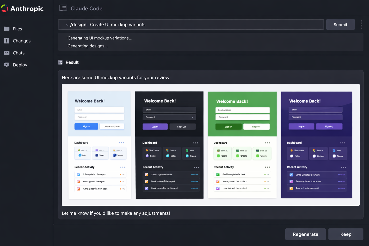 UI mockup variants in Claude Code showing four dashboard design themes with login screens and activity feeds for design re...