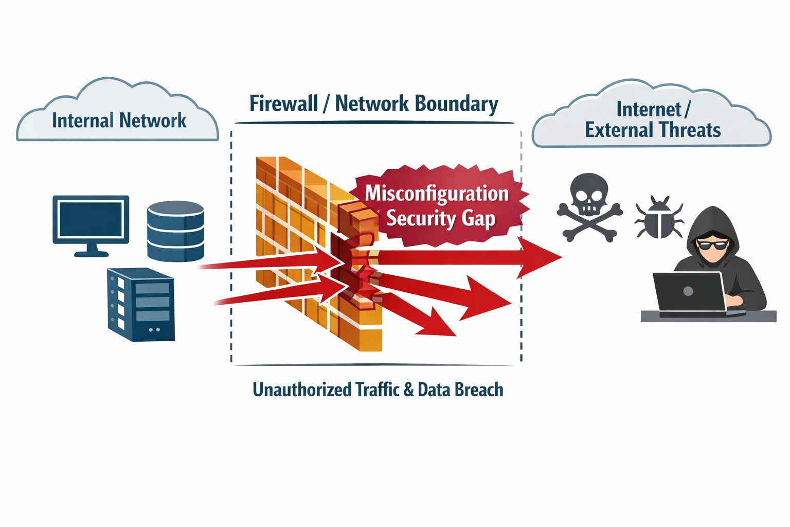 Firewall misconfiguration security gap diagram showing threat penetration from external attackers to internal network syst...