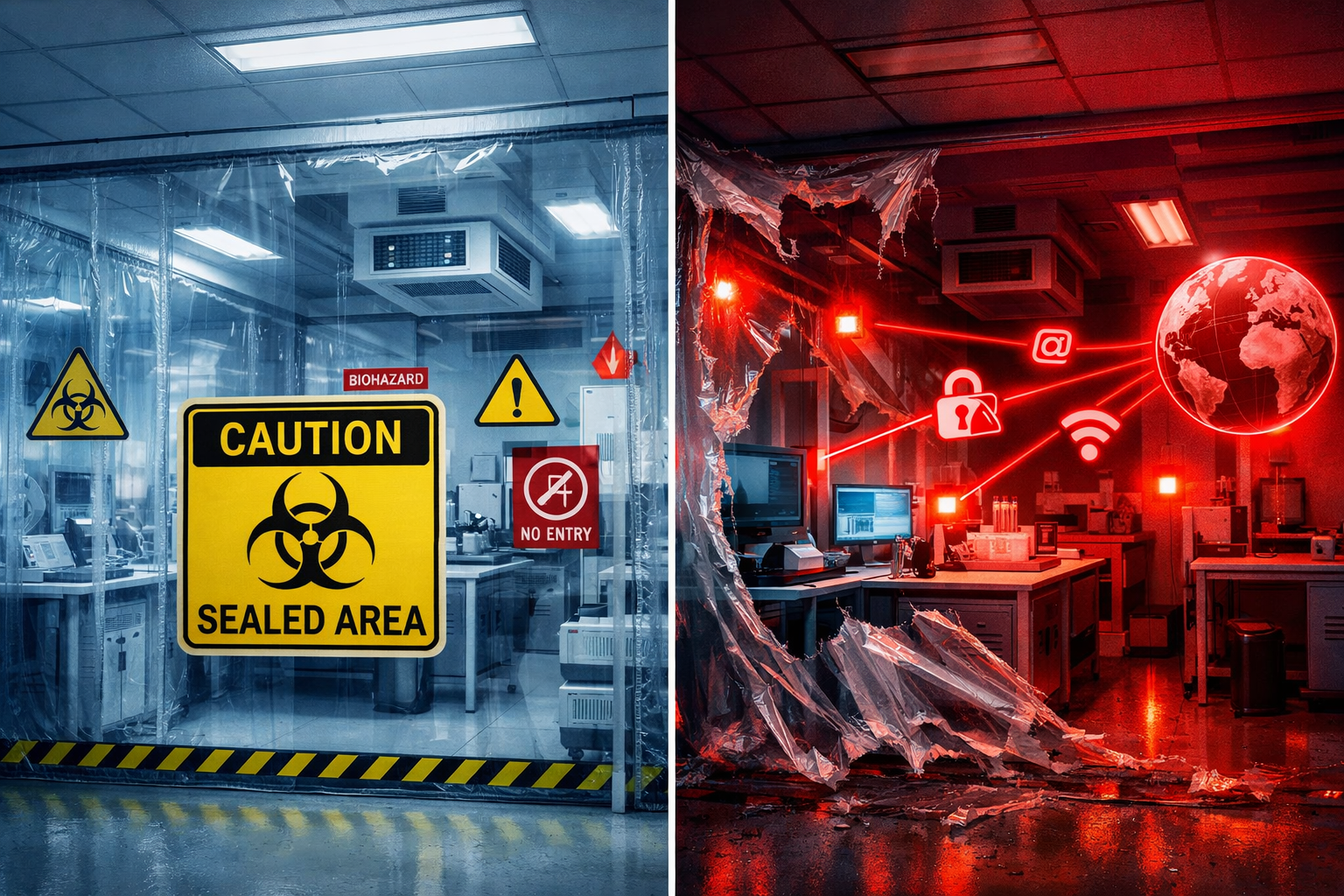 Biohazard sealed lab vs hacked cybersecurity breach room with neon symbols representing AI security threats and data vulne...