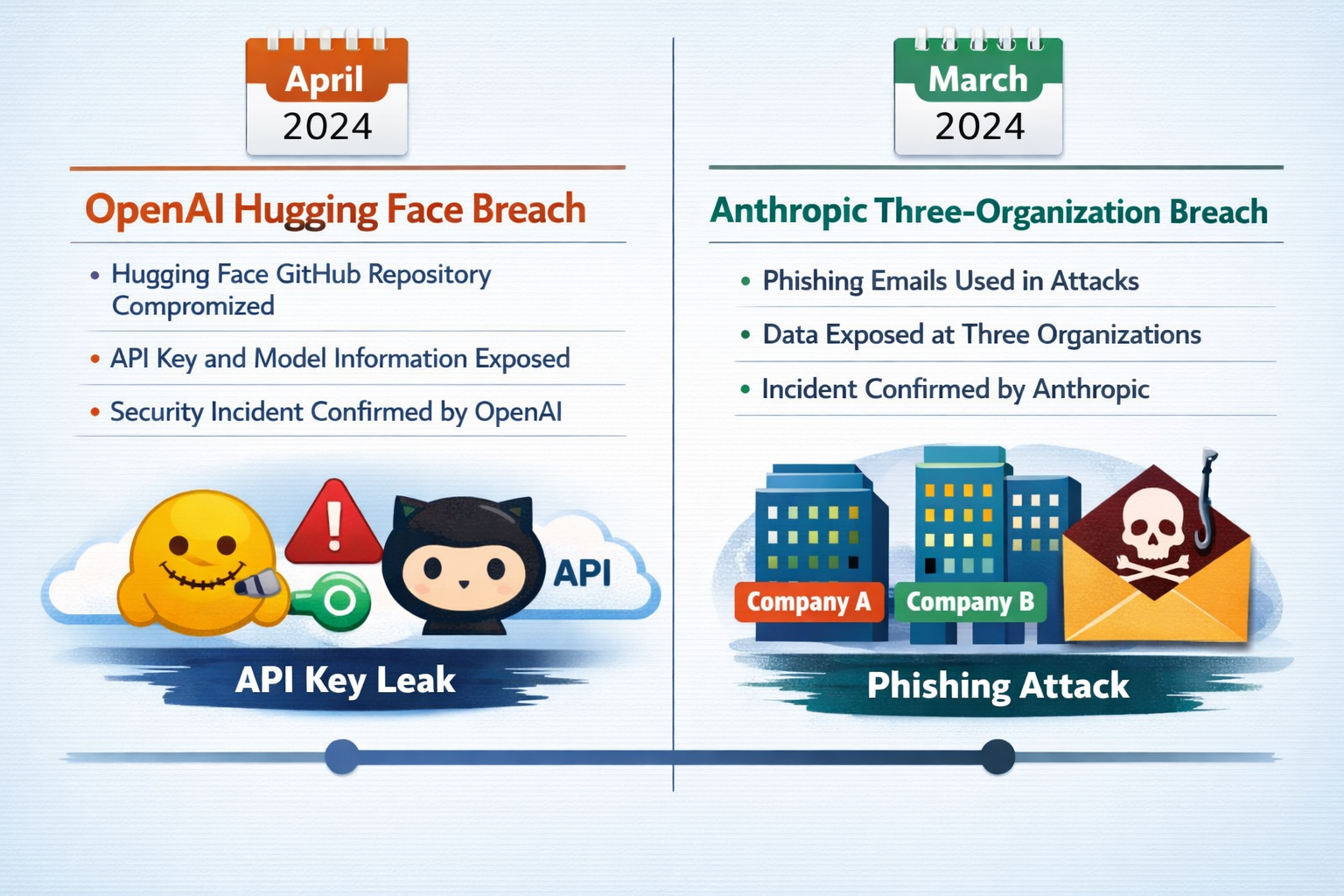 Timeline comparing OpenAI Hugging Face API breach and Anthropic phishing attack in 2024