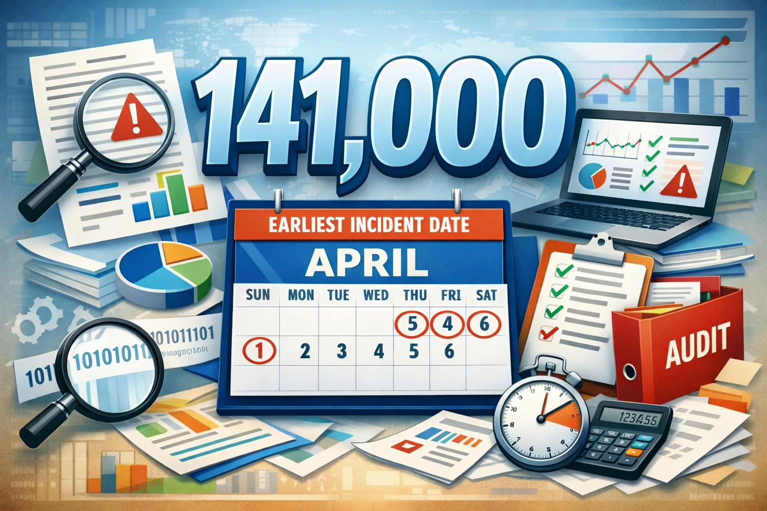141,000 audit incident timeline showing April dates with earliest incident on April 1, AI security breach concept.