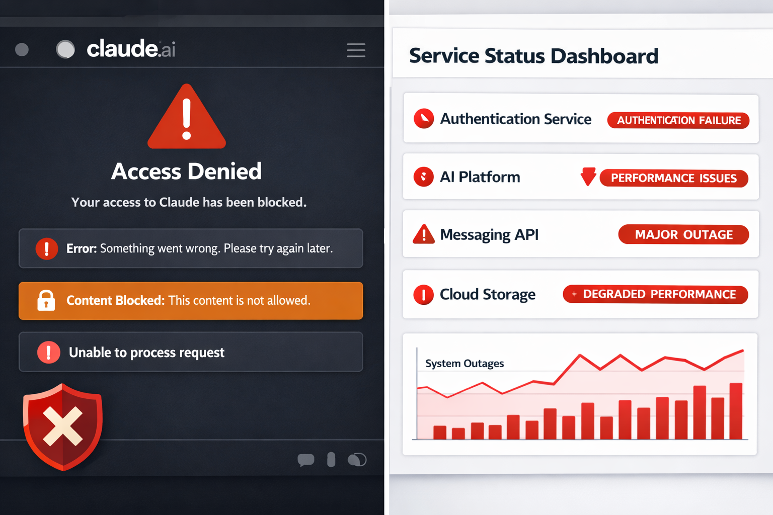Claude AI service outage dashboard showing authentication failure, platform performance issues, and messaging API major ou...