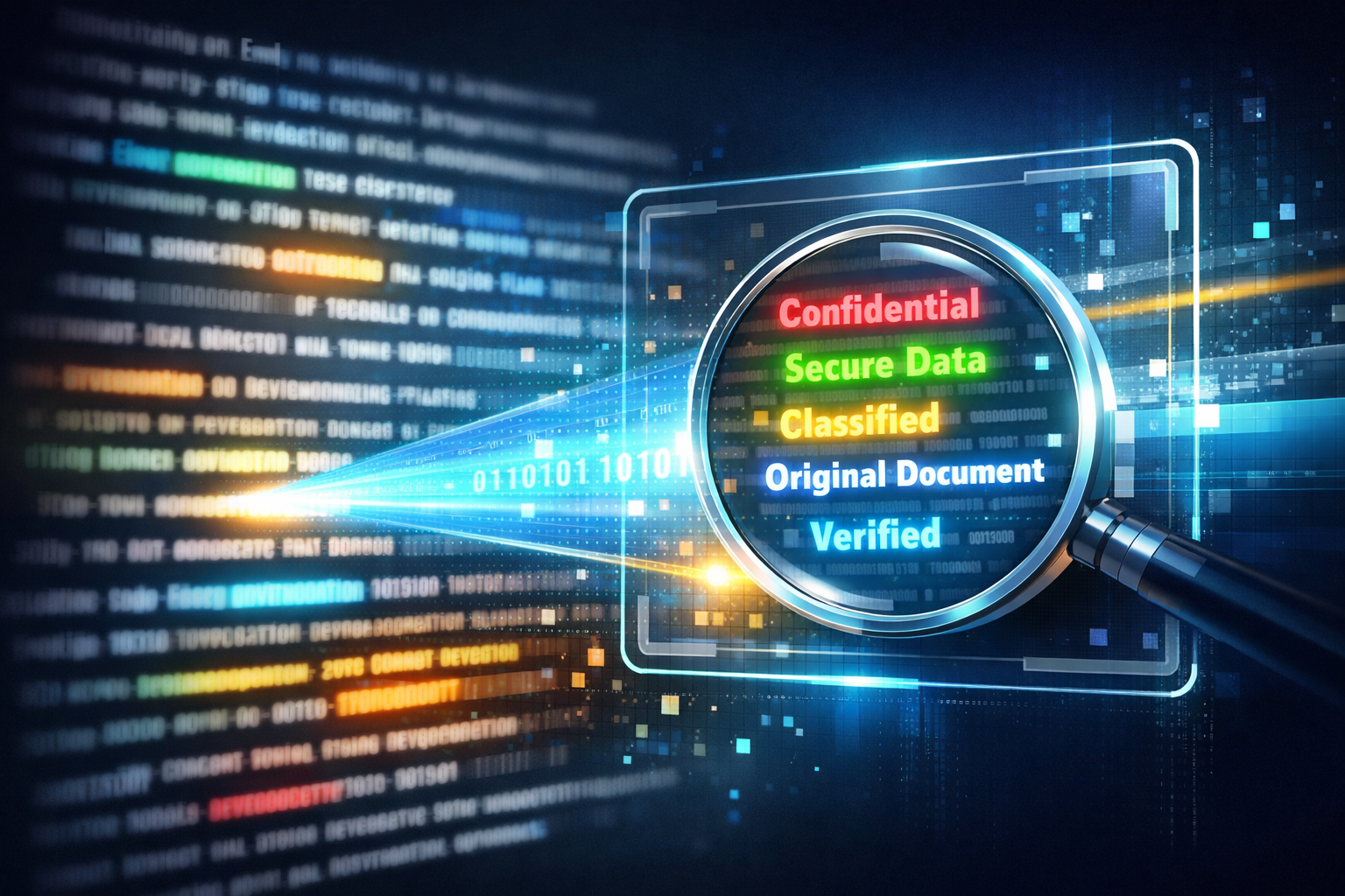 Magnifying glass examining digital data labels: Confidential, Secure Data, Classified, Original Document, Verified on glow...