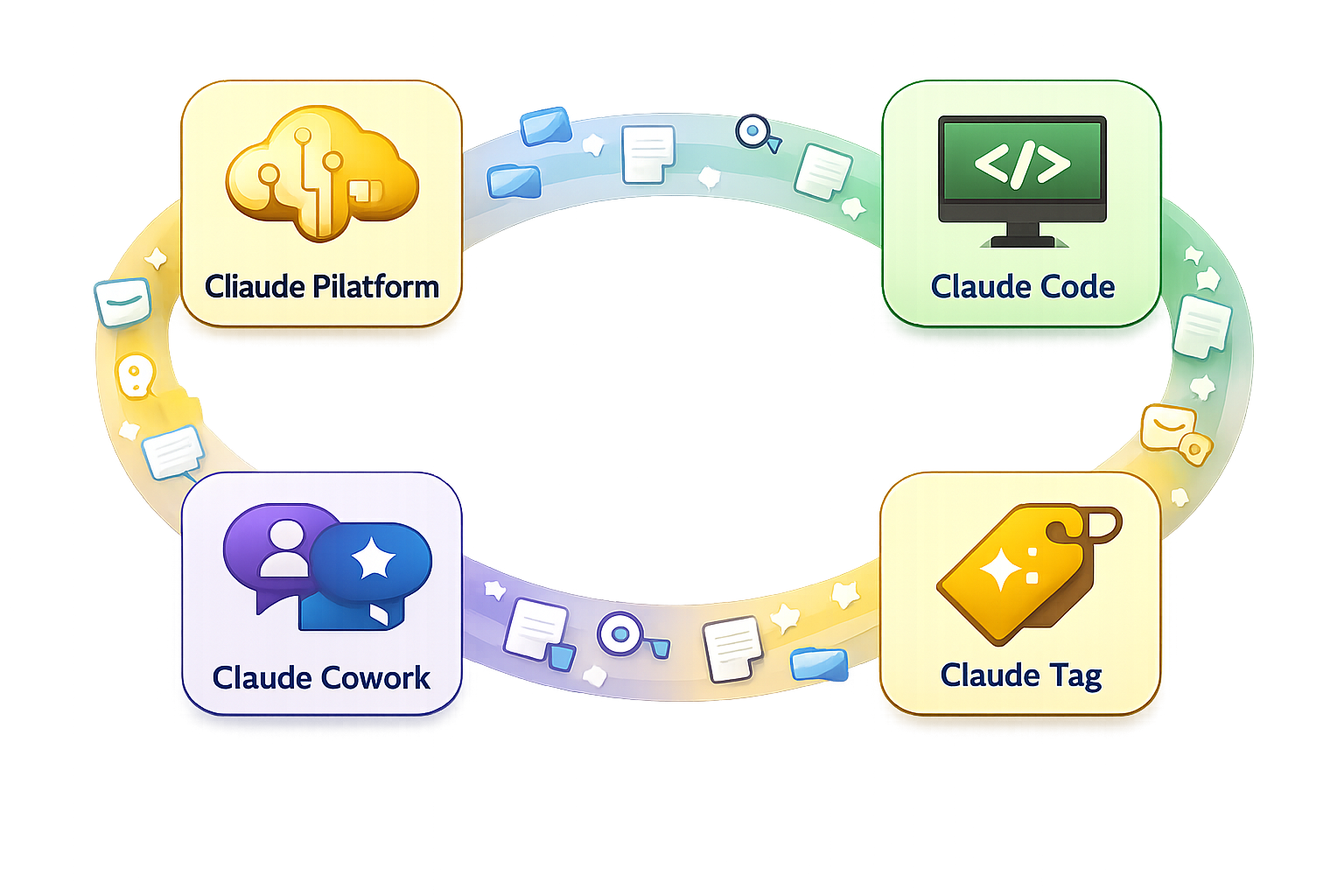 Claude product ecosystem diagram showing Platform, Code, Cowork, and Tag services connected in a circle with watermark int...