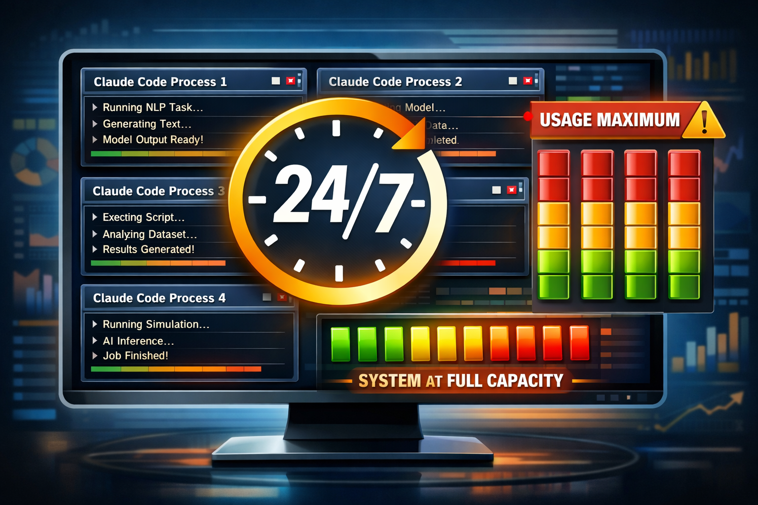 Claude AI system running 24/7 at full capacity with usage maximum warning and extended weekly limits through August 31.