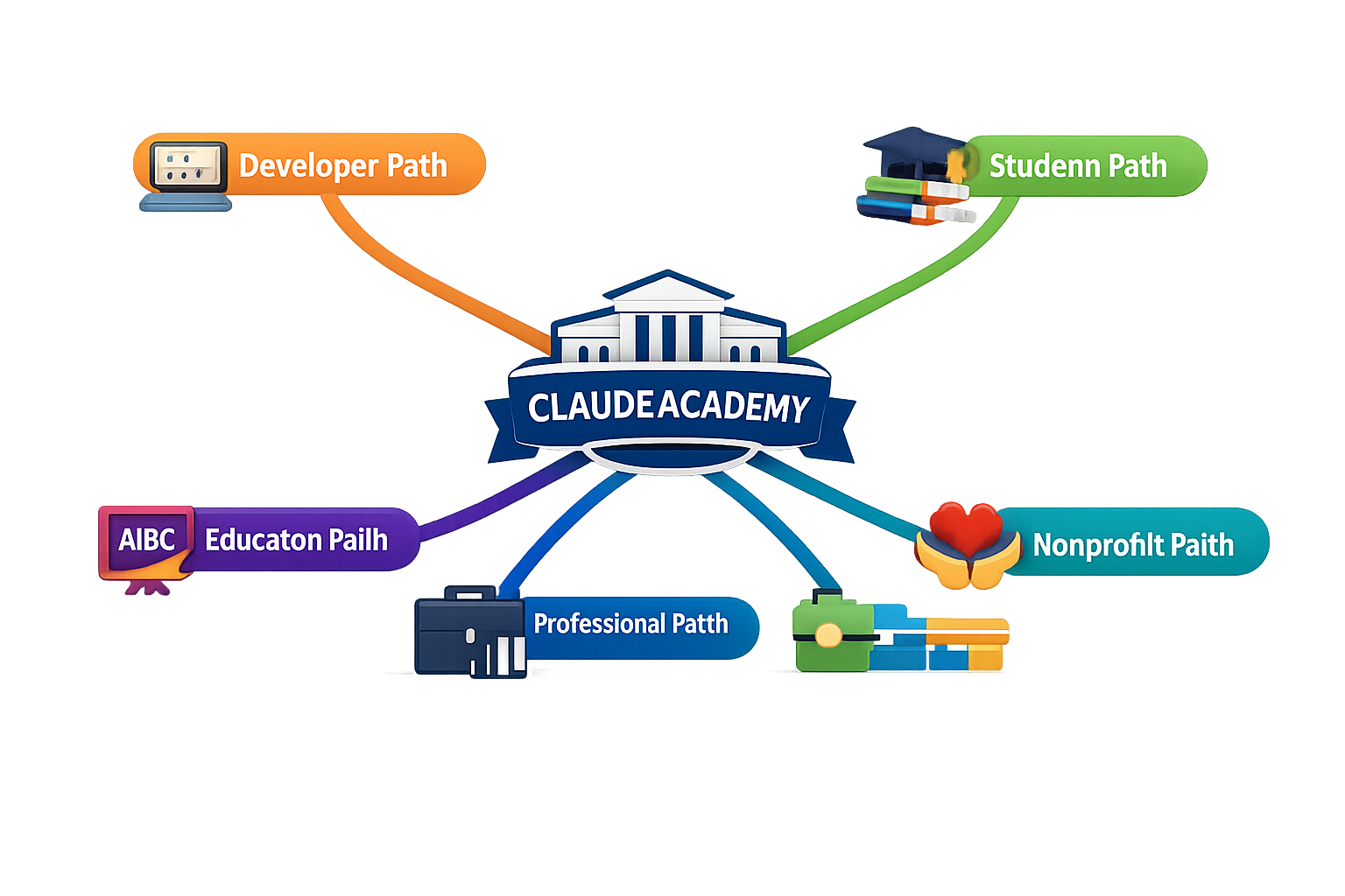 Claude Academy learning paths diagram showing Developer, Student, Education, Professional, and Nonprofit tracks for AI tra...