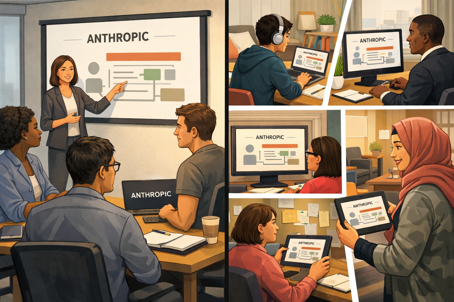 Anthropic Claude Academy training: diverse professionals learning AI in collaborative office settings with laptops and pre...
