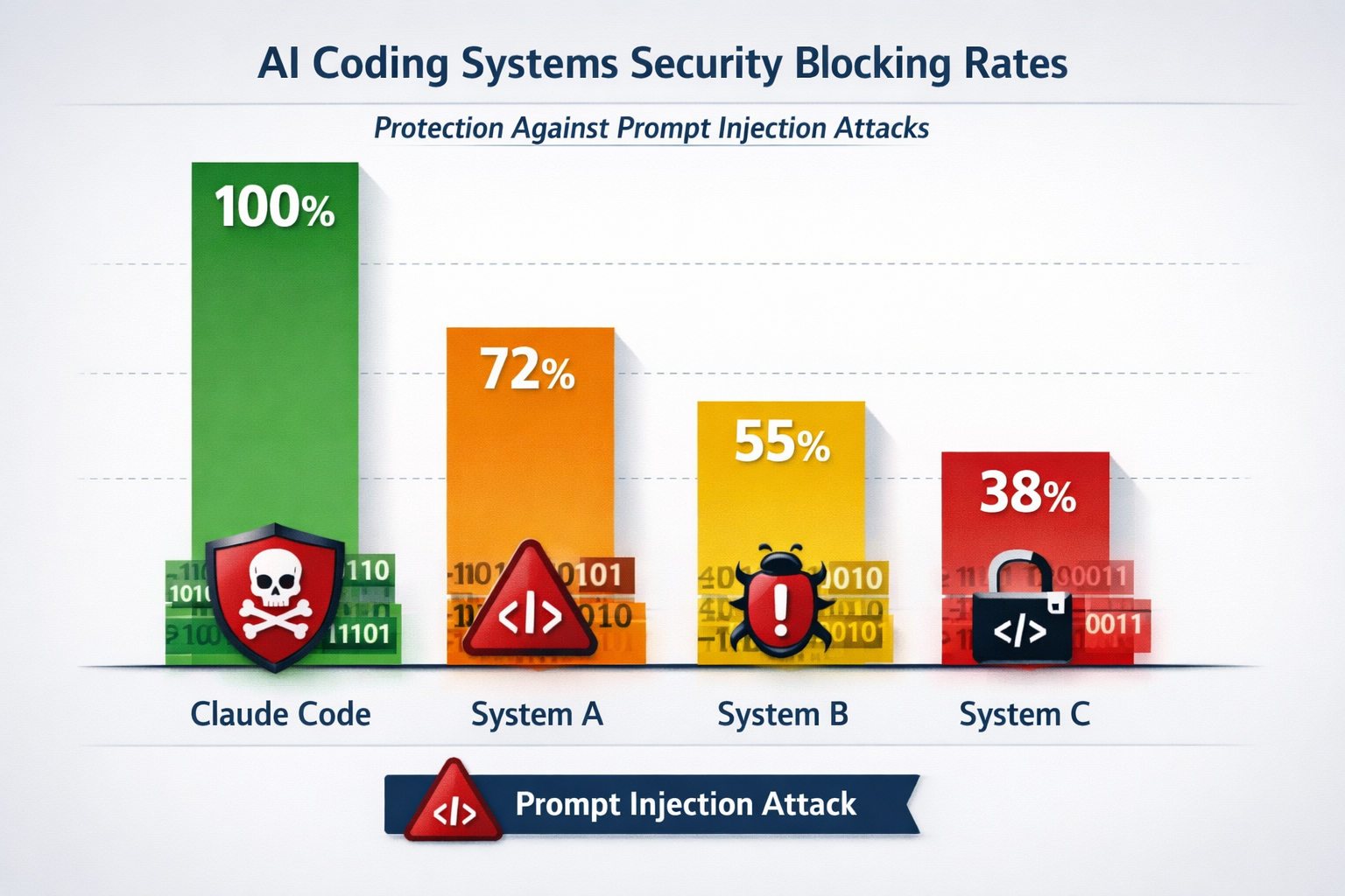AI coding systems security blocking rates against prompt injection attacks: Claude Code 100%, System A 72%, System B 55%, ...