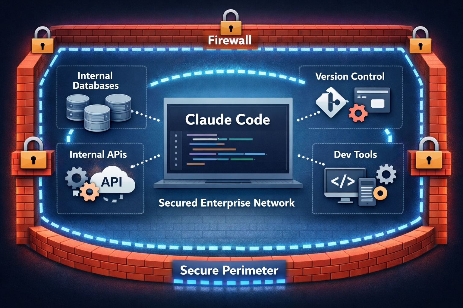 Claude Code secure enterprise network architecture with firewall, databases, APIs, version control, and dev tools protecte...