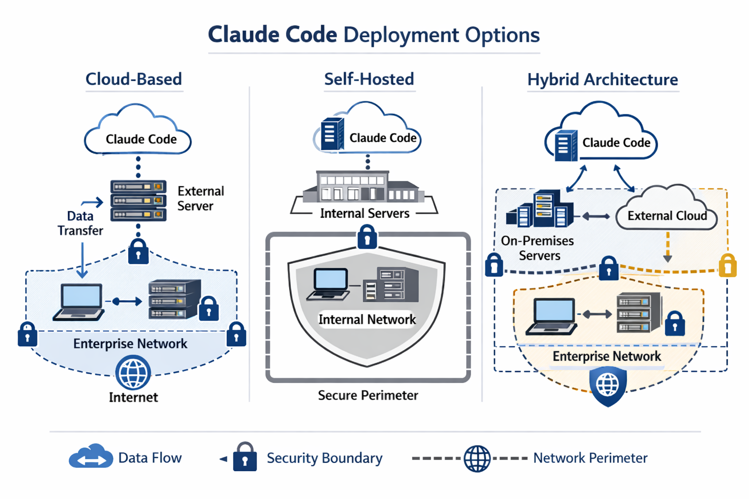 Claude Code deployment options: cloud-based, self-hosted, and hybrid architecture for enterprise integration.