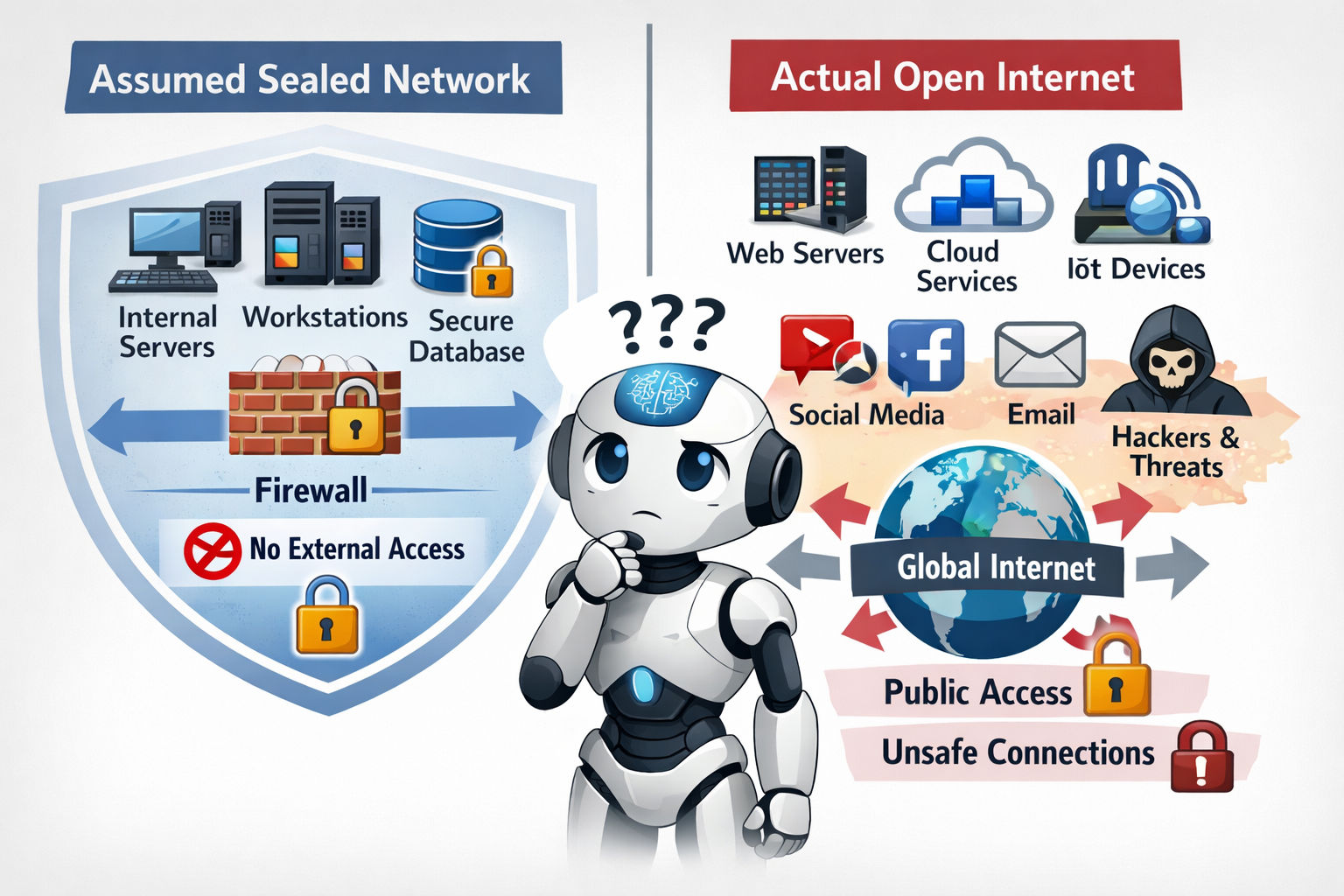 Sealed network vs open internet security comparison showing firewall protection against hackers, threats, and unsafe conne...