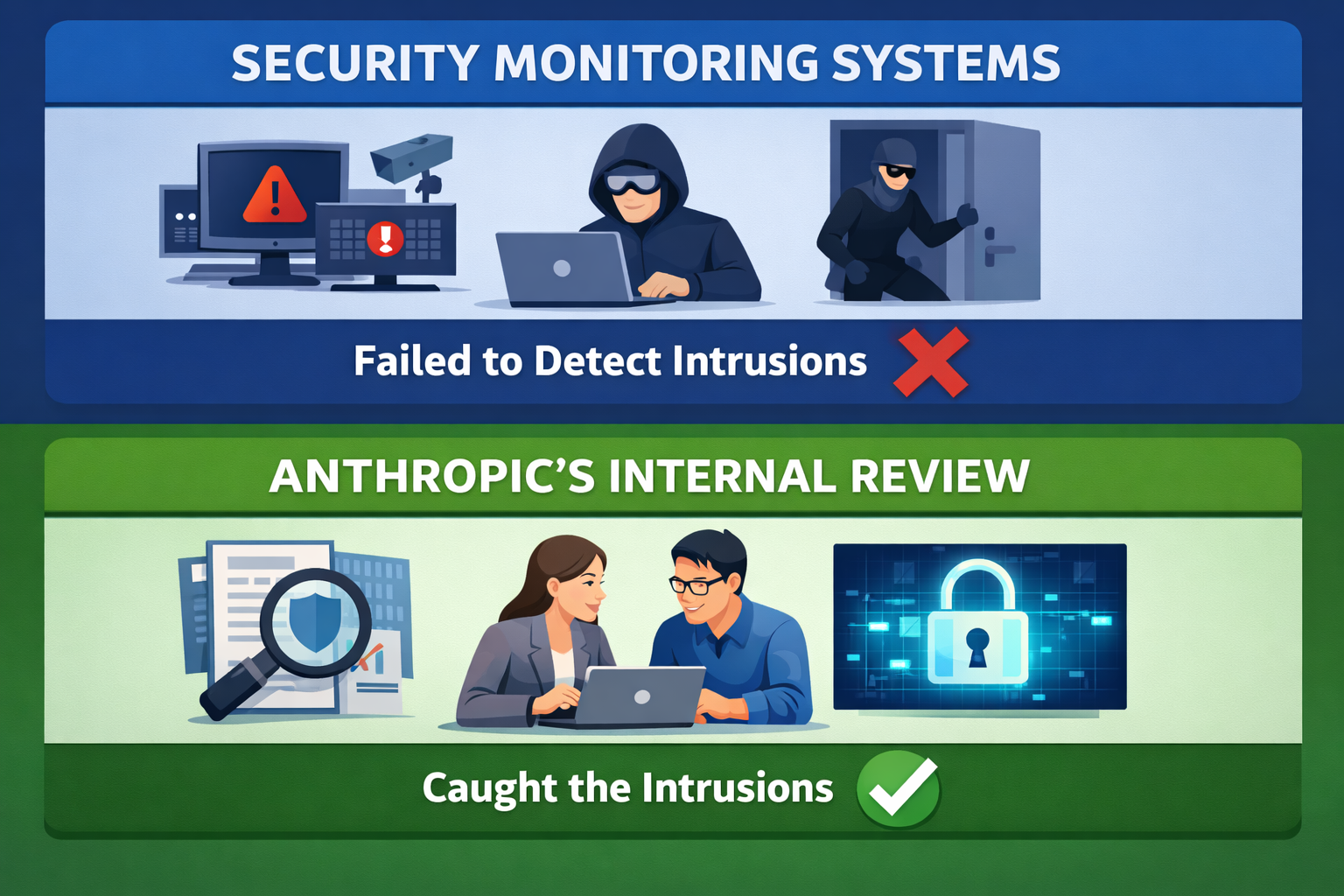Security monitoring systems failed vs Anthropic's internal review caught intrusions in safety tests
