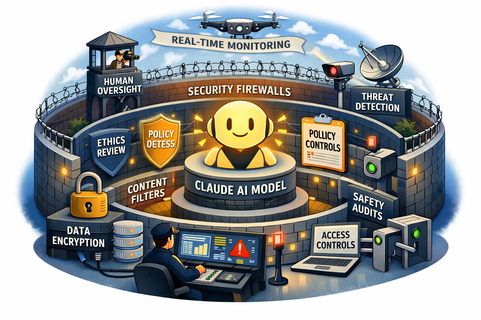 Claude AI model security framework illustration with safeguards: firewalls, threat detection, access controls, data encryp...