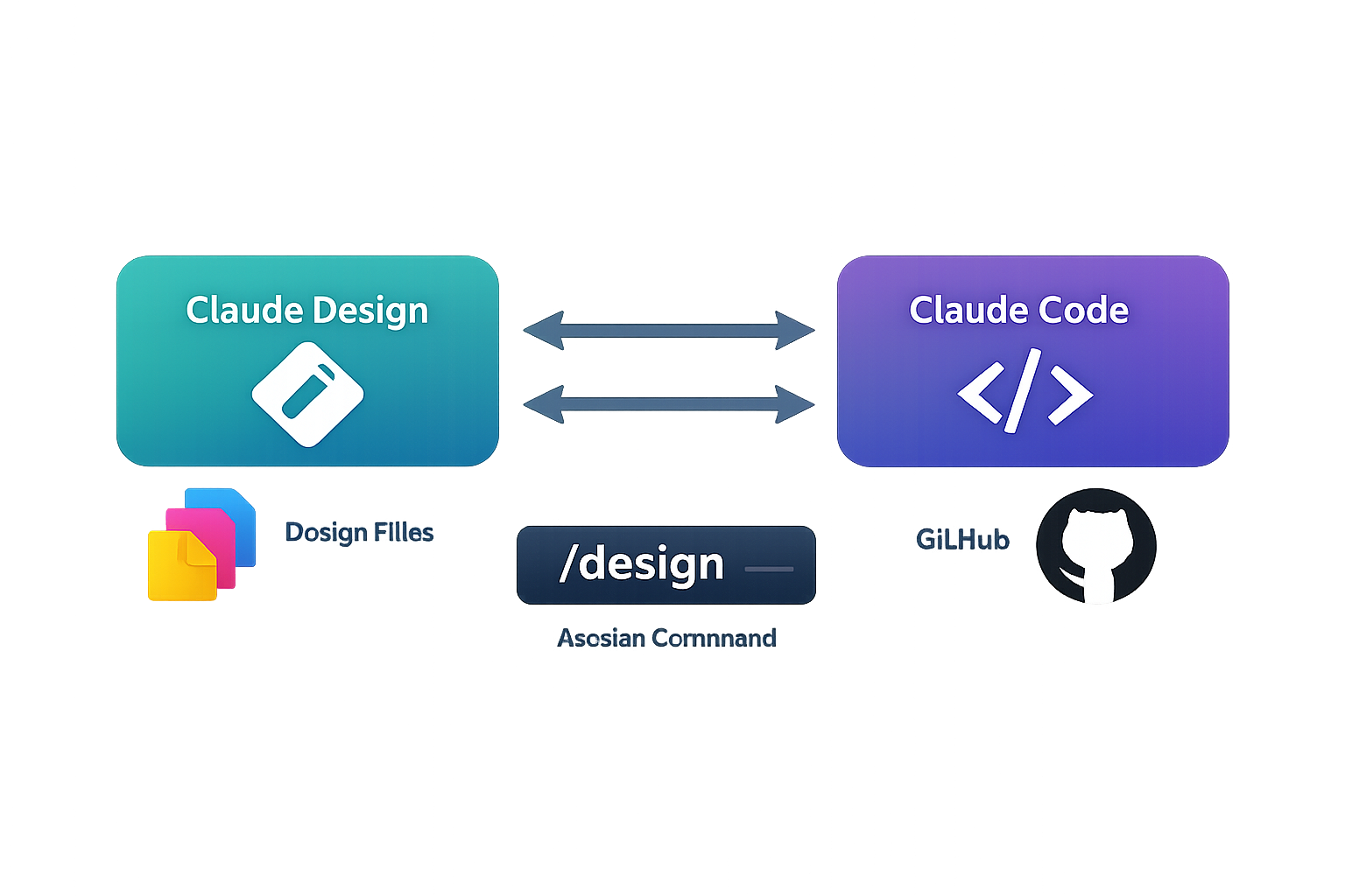 Claude Design and Claude Code workflow diagram showing Dosign Files, GitHub integration, and Asosian Command /design conne...