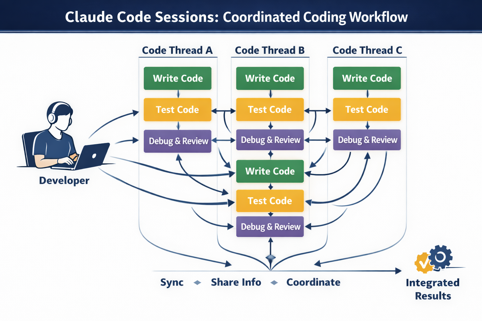 Claude Code Sessions coordinated workflow showing three parallel coding threads with write, test, debug steps syncing to i...