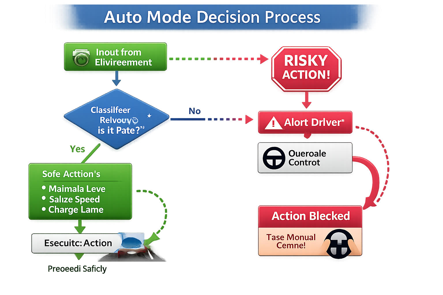 Auto mode decision process flowchart for vehicle safety system with risk assessment and control actions.