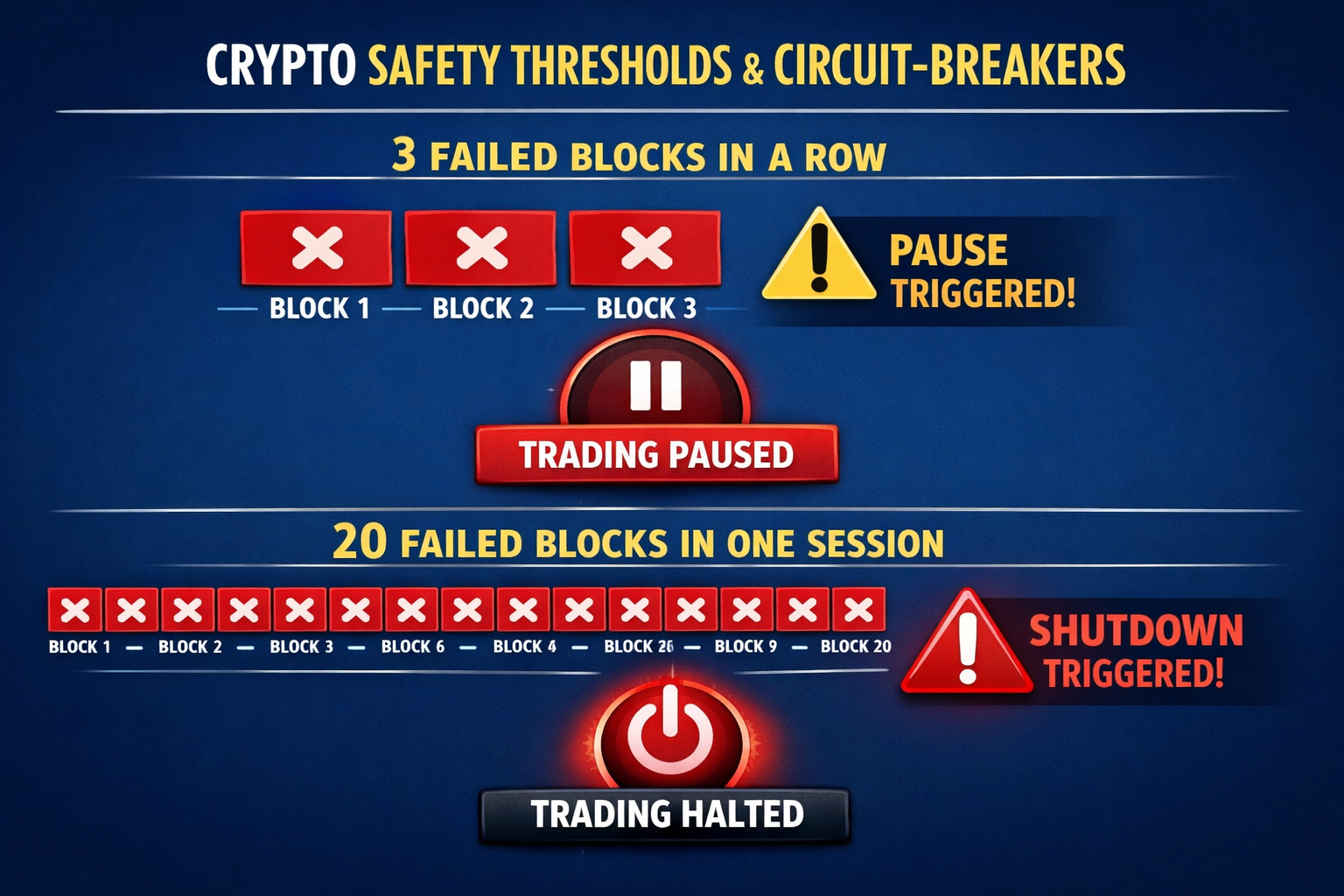 Crypto safety thresholds circuit-breakers: 3 failed blocks pause trading, 20 failed blocks halt trading
