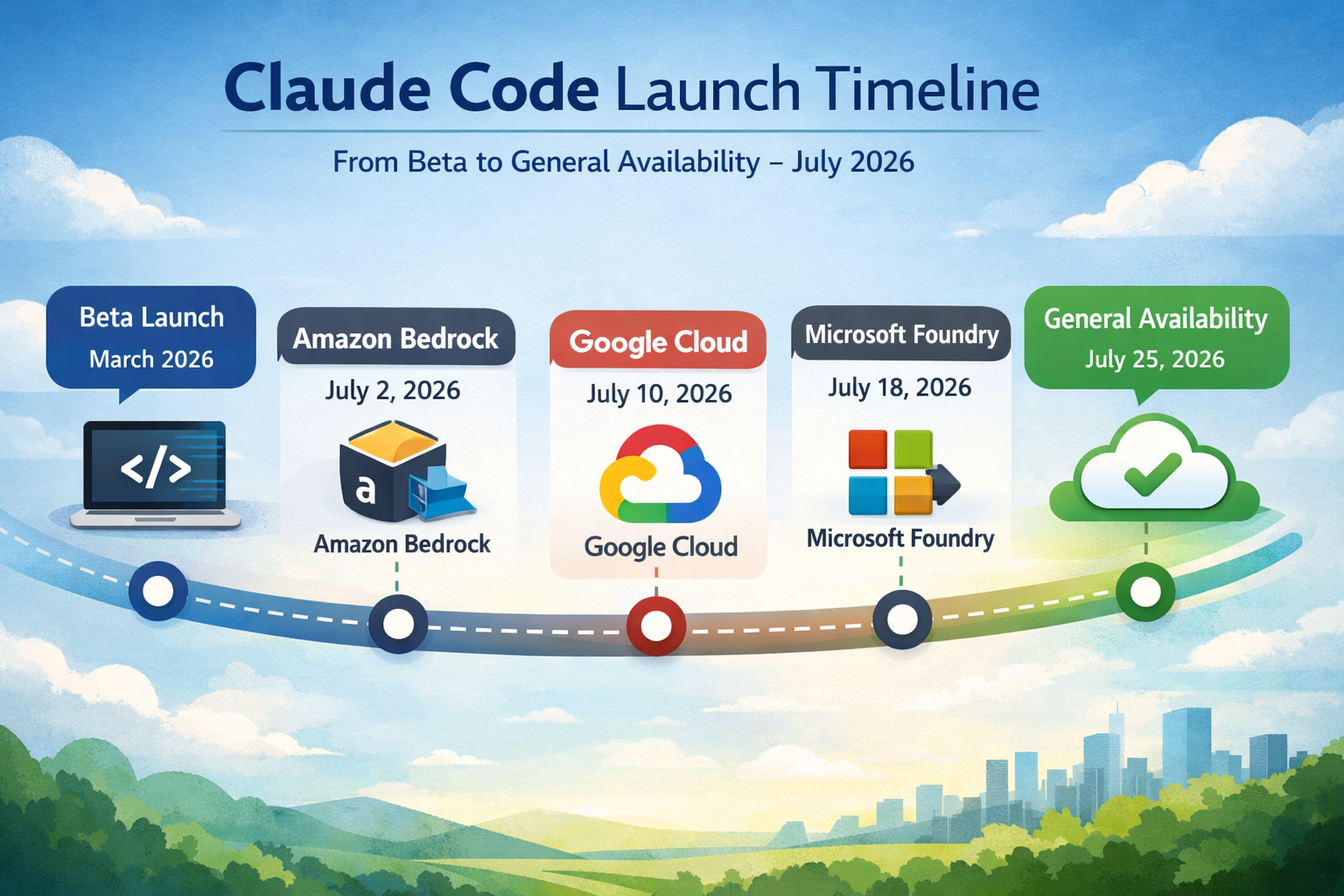 Claude Code launch timeline from beta to GA across Amazon Bedrock, Google Cloud, and Microsoft Foundry by July 2026.