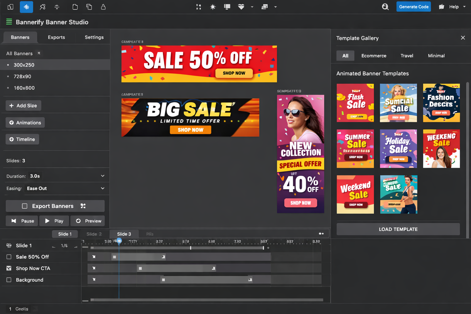 Bannerify Banner Studio Figma plugin interface with animated sale banner templates and design tools