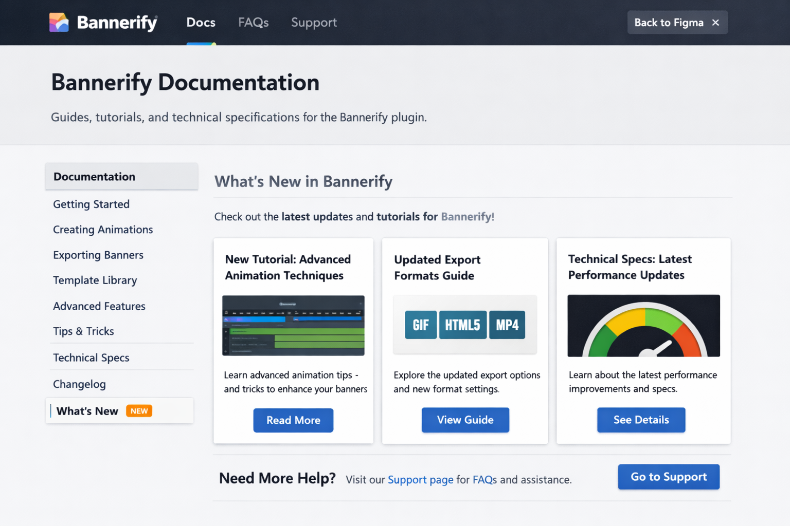 Bannerify Documentation page showcasing latest tutorials, export formats, and performance updates for the Figma plugin.