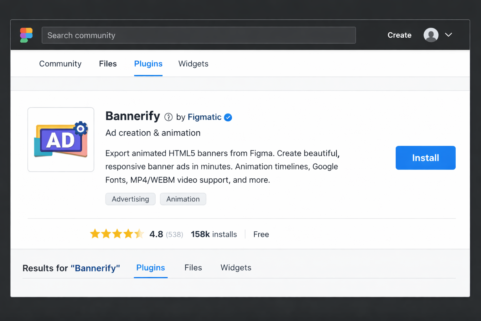 Bannerify Figma plugin for HTML5 ad creation and animation - 4.8 star rating with 158k installs, free to install.