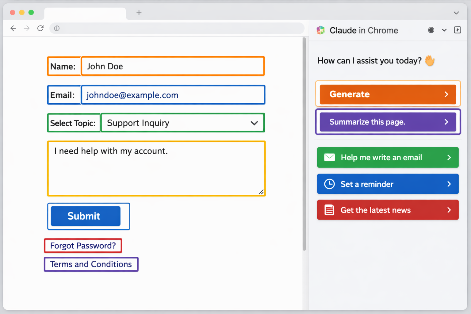 Claude Chrome extension with contact form showing name, email, topic selection, and message field alongside AI assistant i...