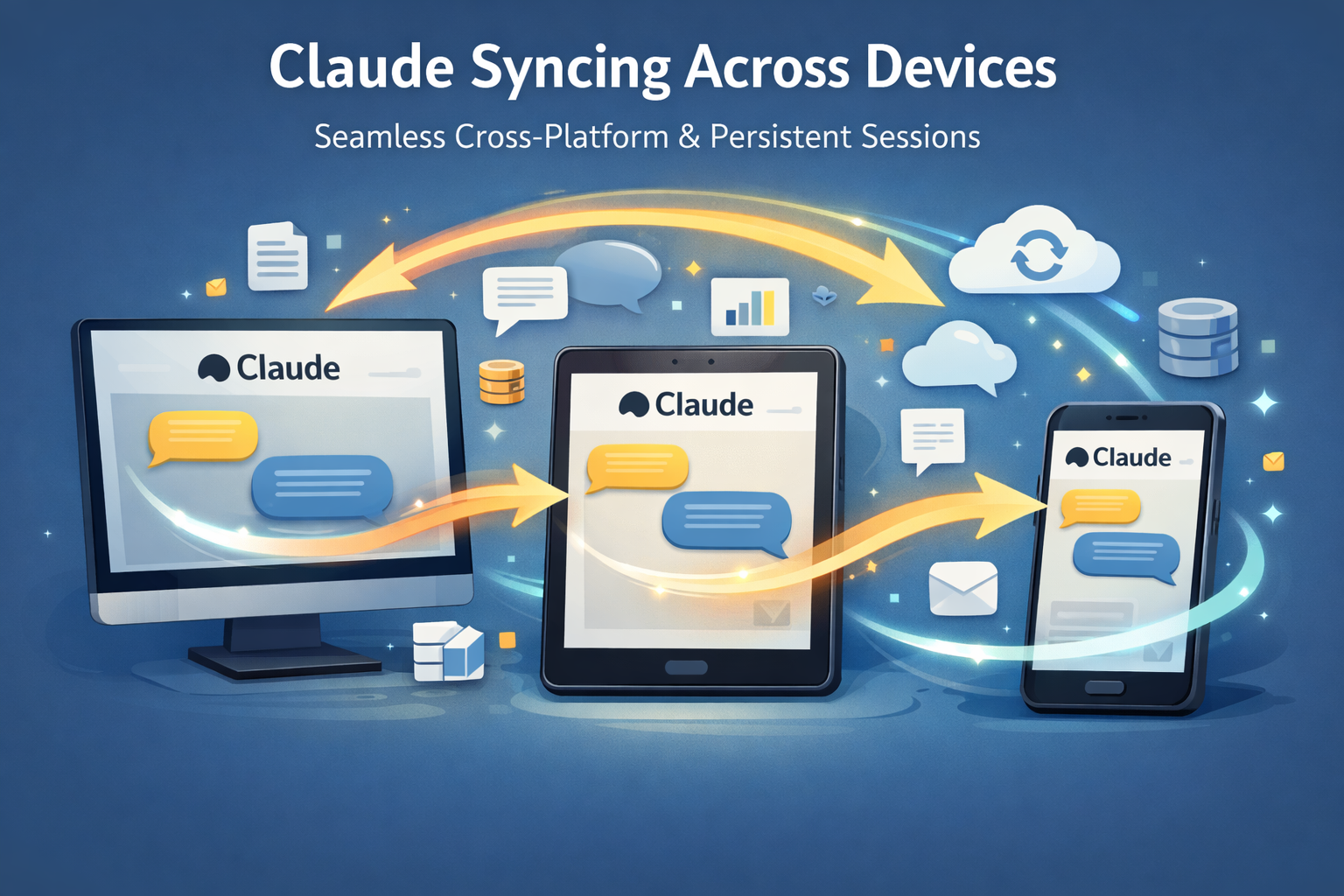Claude syncing conversations seamlessly across desktop, tablet, and mobile devices with cloud backup and persistent sessions.