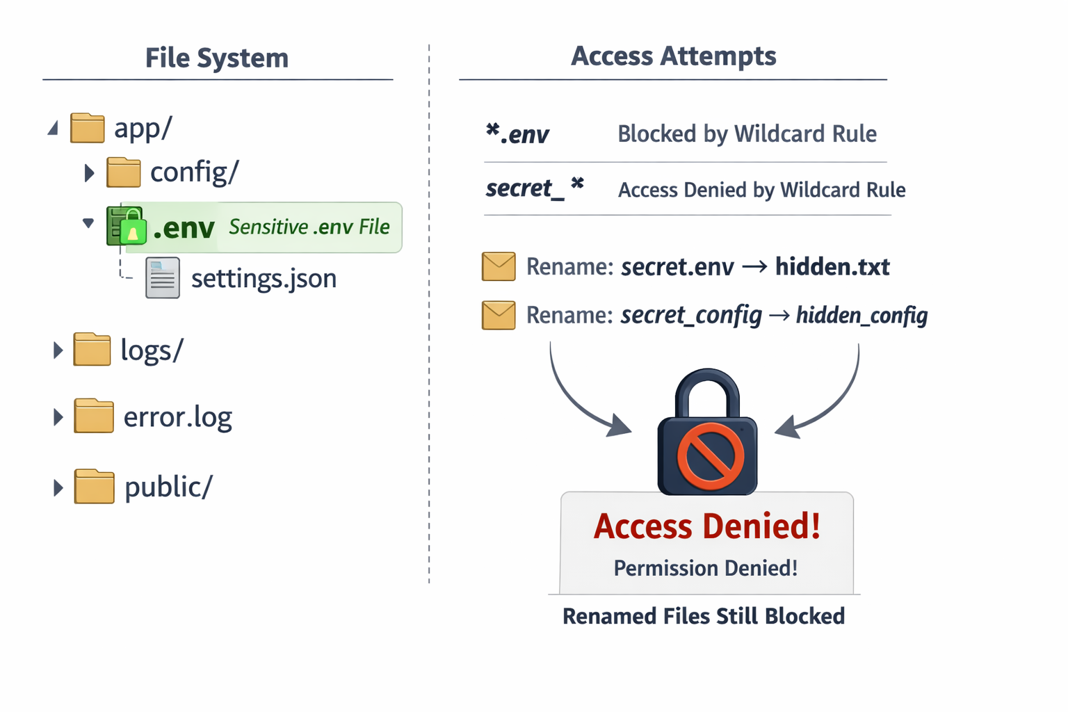 File system access control diagram showing blocked .env and secret files with wildcard rules and denied permissions for se...