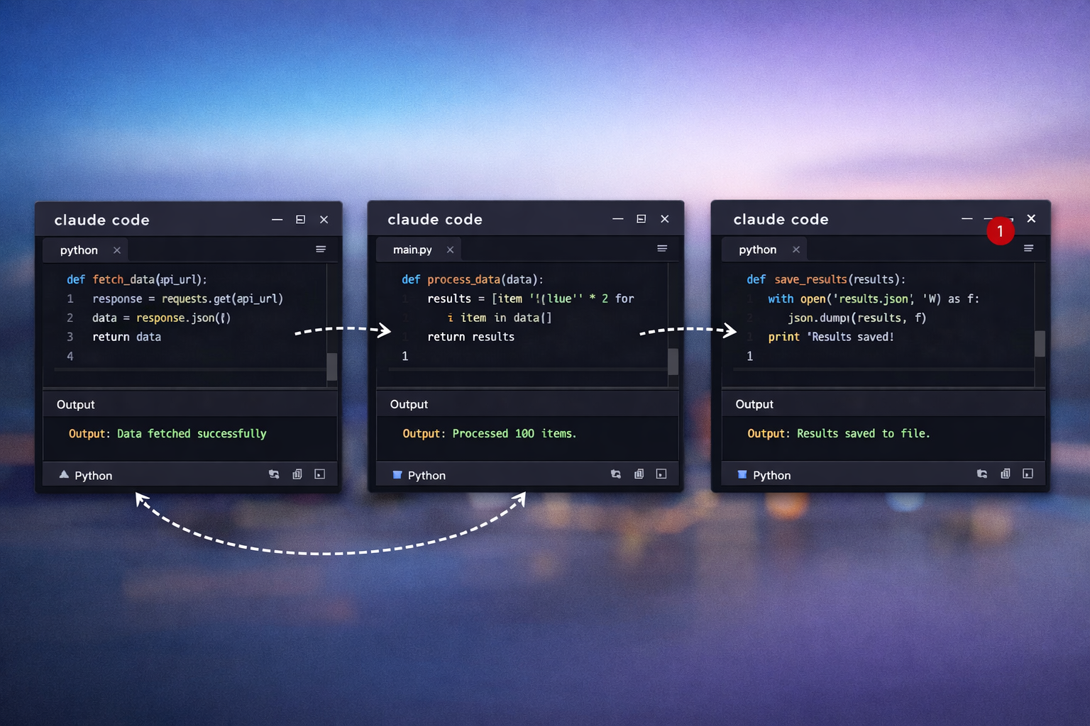 Claude Code IDE showing three-step Python workflow: data fetching, processing, and saving results with real-time output logs.