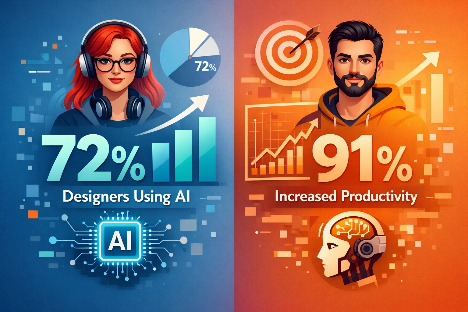 Designers using generative AI with 72% adoption rate and 91% productivity increase statistics graphic.