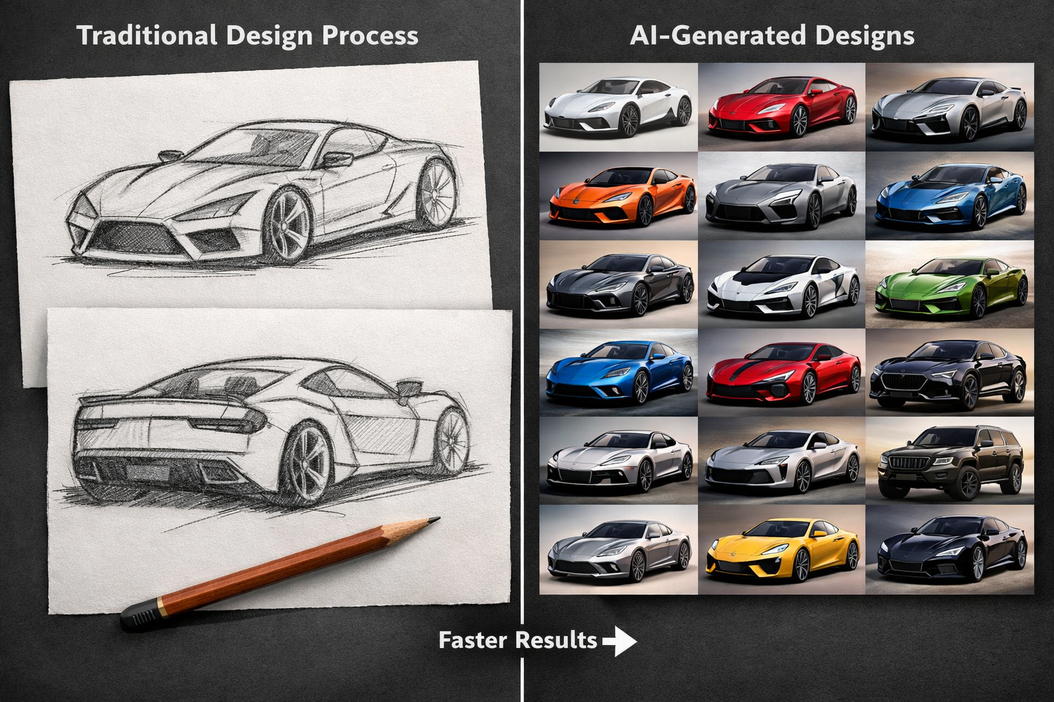 Traditional vs AI-generated car designs: hand-drawn sketches vs multiple rendered vehicle concepts showing faster design r...